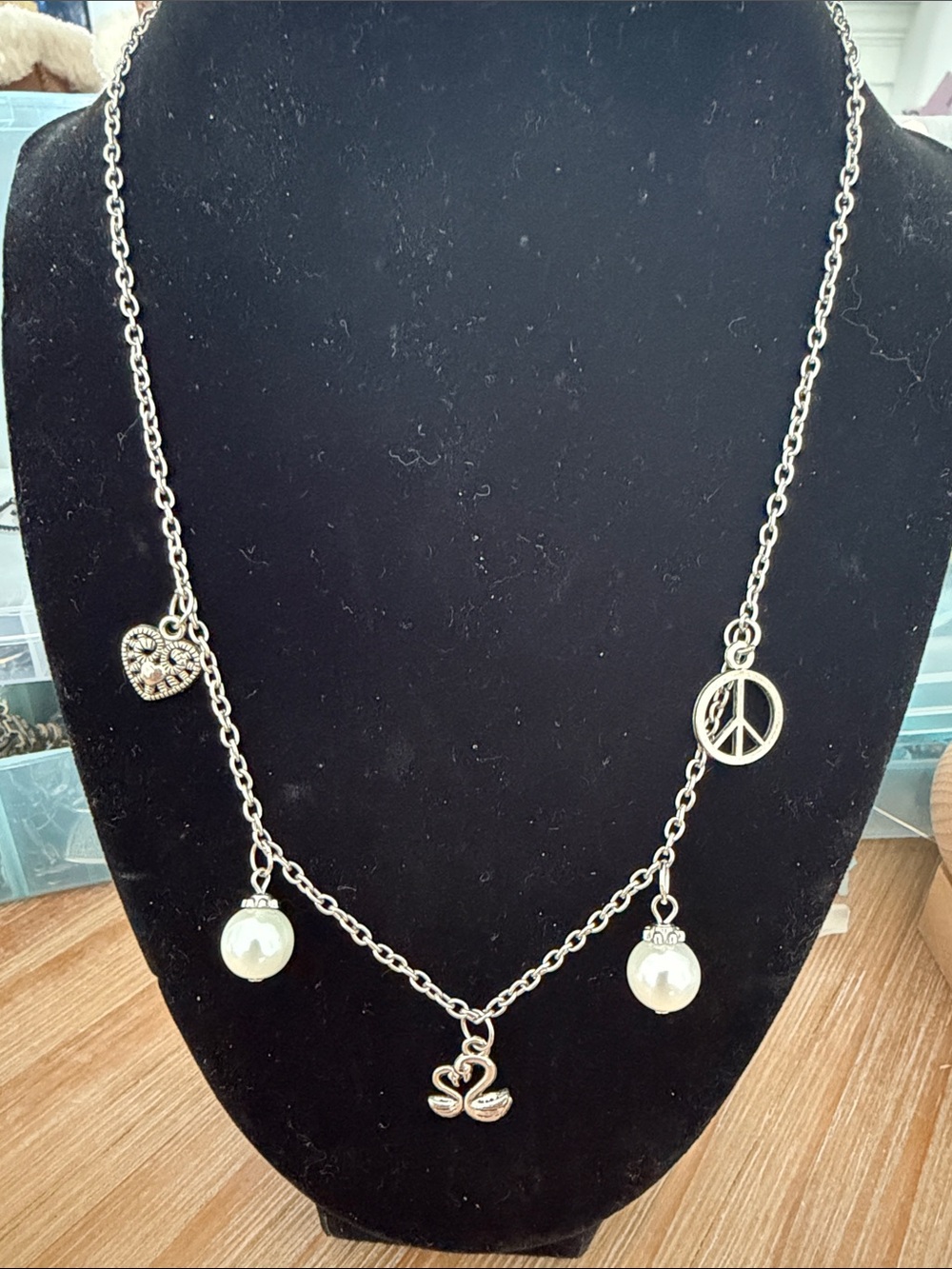 Silver-Tone Charm Necklace with Pearl Drops - Unknown Brand